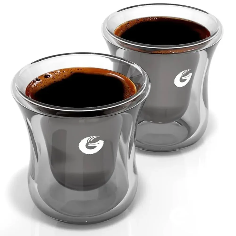 2 NEW COFFEE GATOR Clear Grey Smoke Glass Espresso Shot Glasses Thermal Cups
